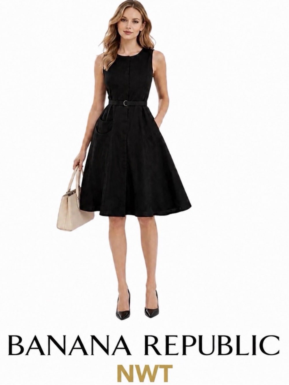 Banana Republic Black Linen Fit Flare Dress S Belted NWT Work Preppy Chic. NEW